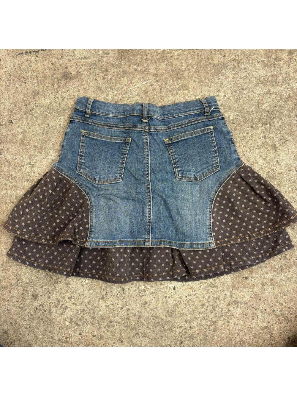 Vintage Y2K Denim Micro Mini Skirt Low Rise Faded Star Ruffle - Picture 2 of 5